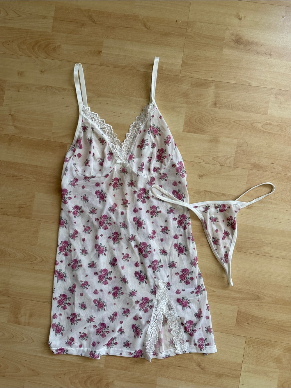Floral Mesh Chemise & Thong Set - White Mesh with Pink Floral